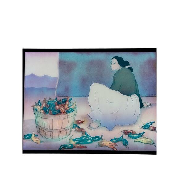 RC Gorman Tile Artist Navajo Hand Painted Tile "Chile Picker"-Rare Blue 2968/RG - Picture 1 of 7